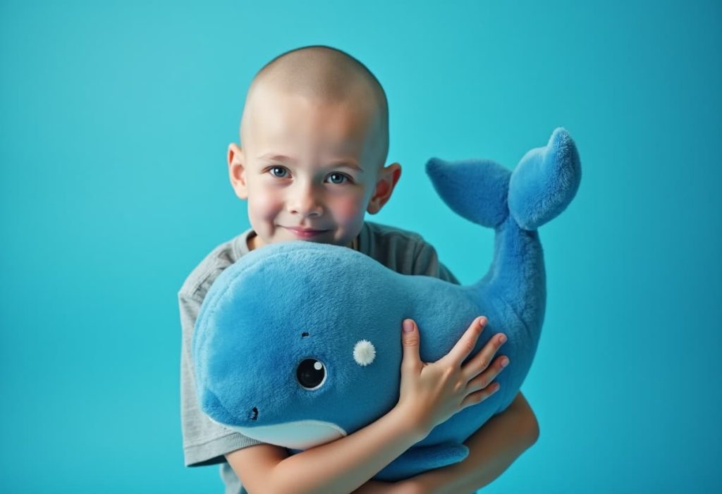 bambino che abbraccia una balena di peluche